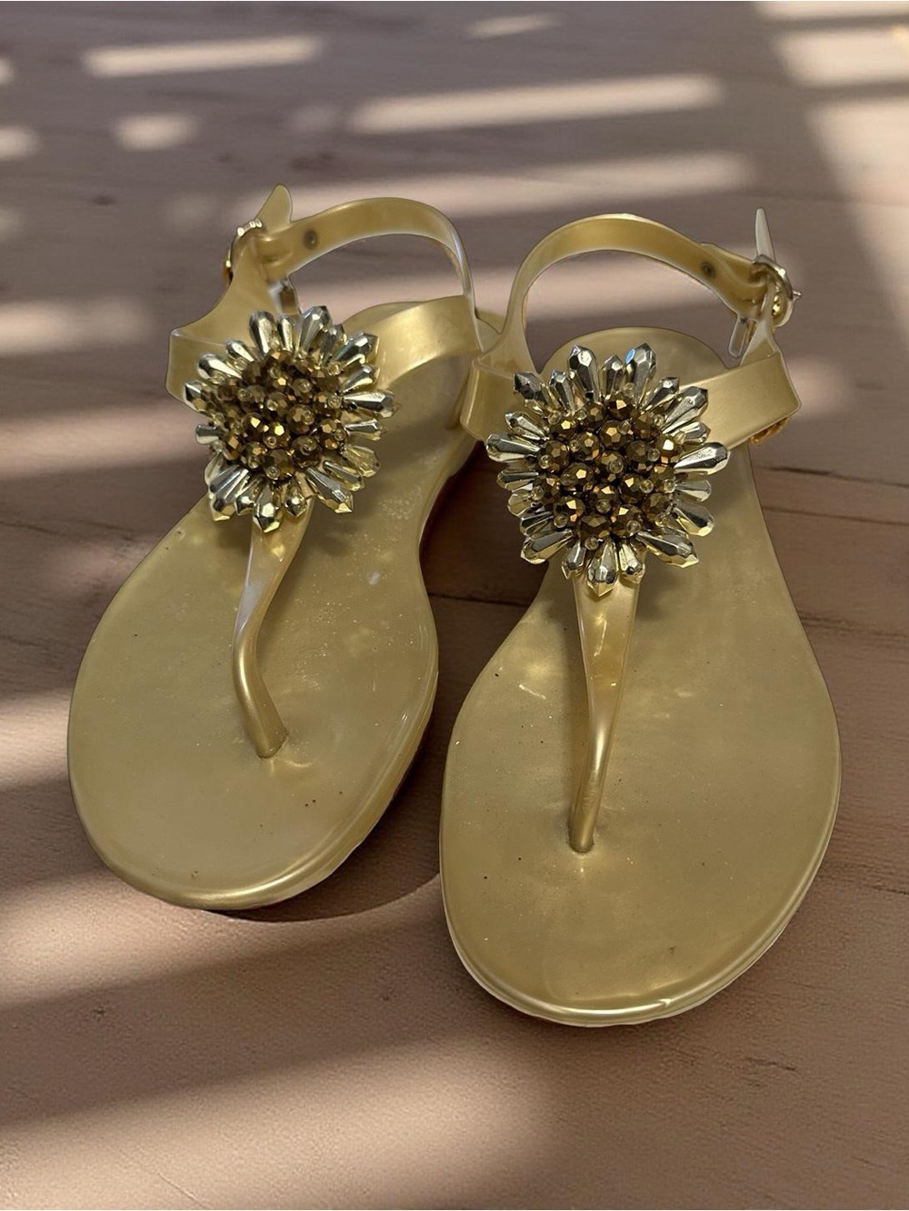 Gold Jeweled T-Strap Women's Sandals